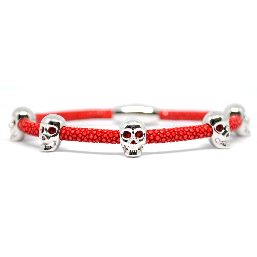 Skull Bracelet | Red with Silver Skulls | Double Bone