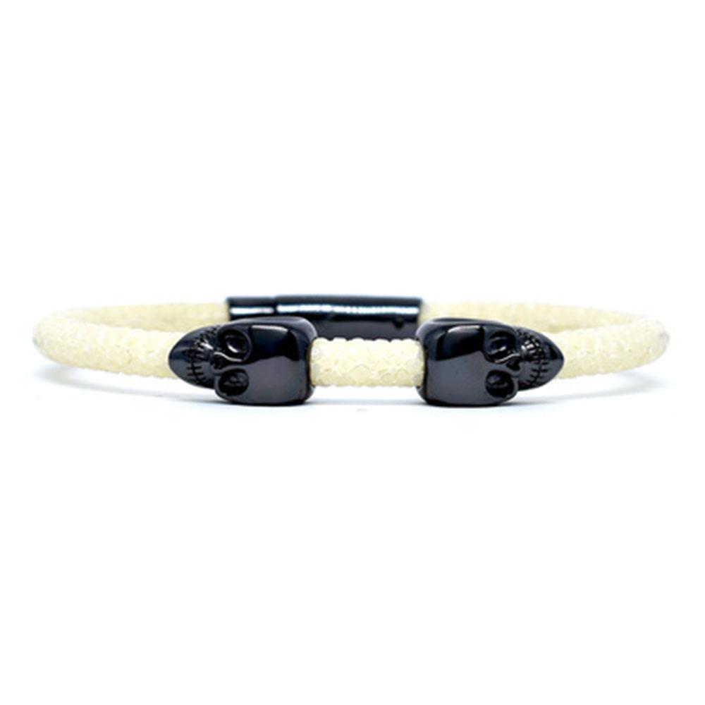 Skull Bracelet | White | 2 Black Skulls | Double Bone